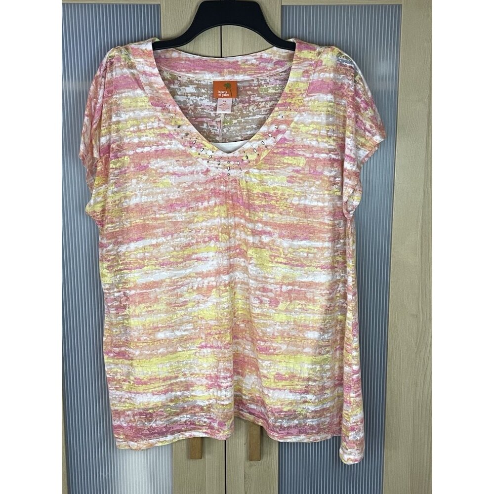 Hearts Of Palm Top Womens XL Orange Gold Metallic Beaded Tunic Casual Boho Beach